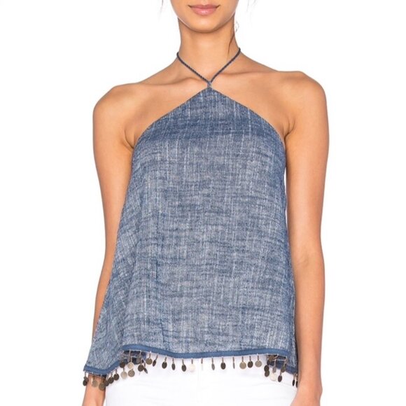 Line & Dot Tops - Line & Dot Denim Halter Top With Sequin Bottom Size XSmall
